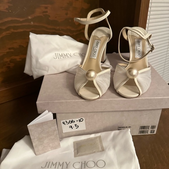 Jimmy Choo Sacaria 85 Tulle Pearl Ankle Strap Sandal heels ivory white size 39.5 - Picture 9 of 13